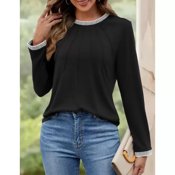 imageZESICA Long Sleeve Shirts for Women Striped Color Block Crewneck Tshirts 2024 Fall Pleated Trendy TopsBlack