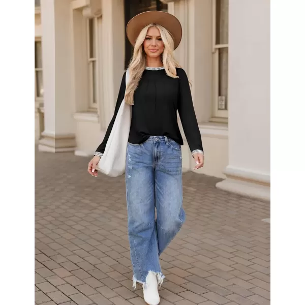 imageZESICA Long Sleeve Shirts for Women Striped Color Block Crewneck Tshirts 2024 Fall Pleated Trendy TopsBlack