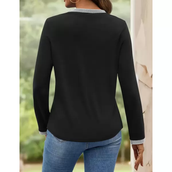 imageZESICA Long Sleeve Shirts for Women Striped Color Block Crewneck Tshirts 2024 Fall Pleated Trendy TopsBlack