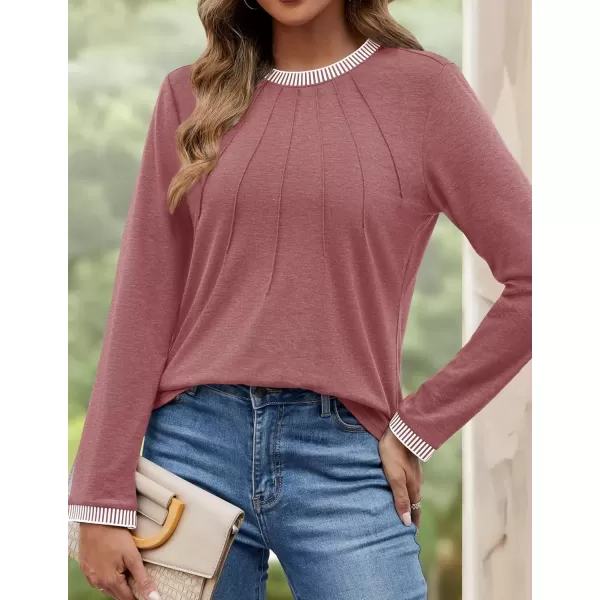 imageZESICA Long Sleeve Shirts for Women Striped Color Block Crewneck Tshirts 2024 Fall Pleated Trendy TopsCameo