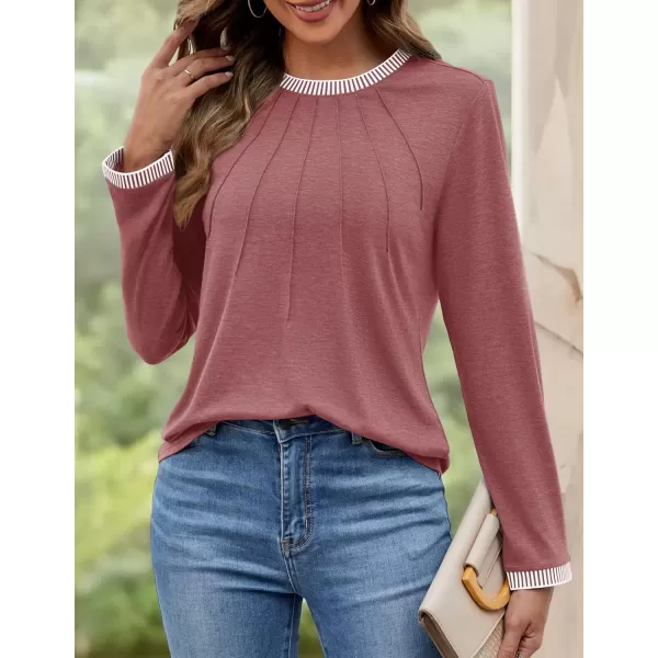 imageZESICA Long Sleeve Shirts for Women Striped Color Block Crewneck Tshirts 2024 Fall Pleated Trendy TopsCameo