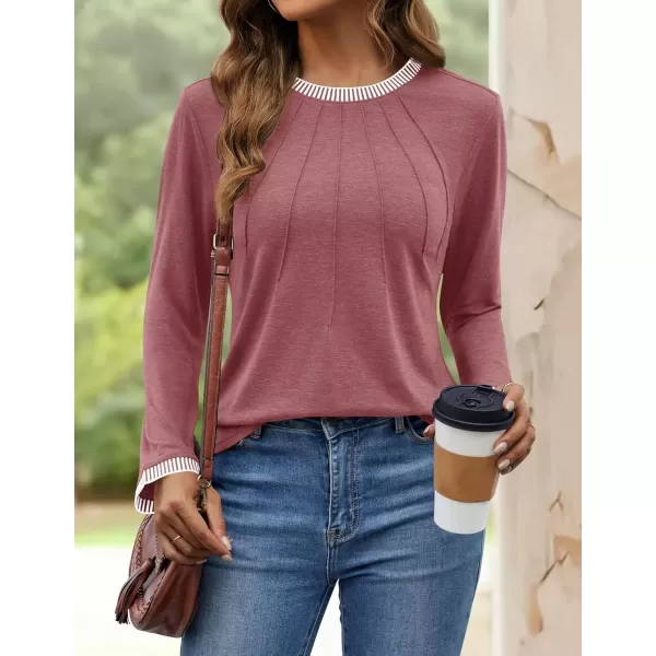 imageZESICA Long Sleeve Shirts for Women Striped Color Block Crewneck Tshirts 2024 Fall Pleated Trendy TopsCameo