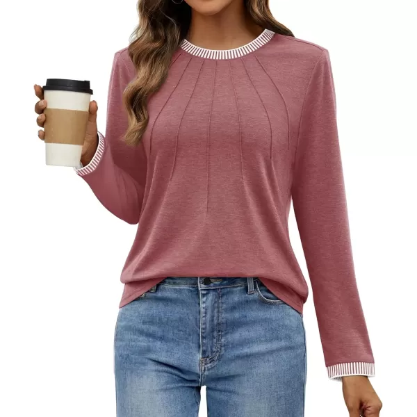 imageZESICA Long Sleeve Shirts for Women Striped Color Block Crewneck Tshirts 2024 Fall Pleated Trendy TopsCameo