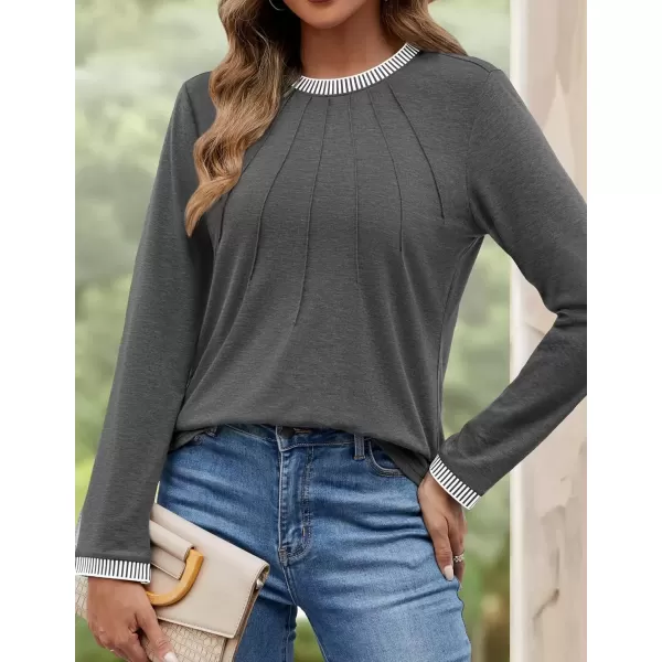 imageZESICA Long Sleeve Shirts for Women Striped Color Block Crewneck Tshirts 2024 Fall Pleated Trendy TopsDrakgrey