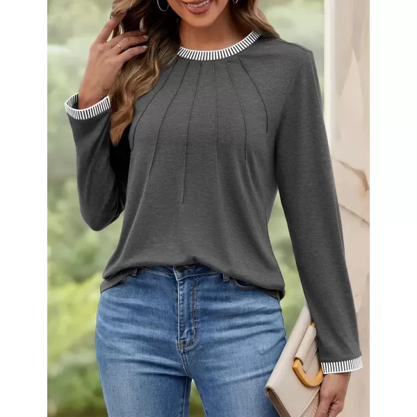 imageZESICA Long Sleeve Shirts for Women Striped Color Block Crewneck Tshirts 2024 Fall Pleated Trendy TopsDrakgrey