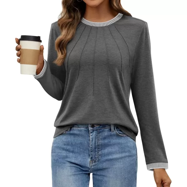 imageZESICA Long Sleeve Shirts for Women Striped Color Block Crewneck Tshirts 2024 Fall Pleated Trendy TopsDrakgrey