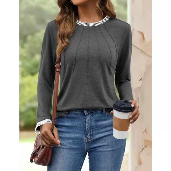imageZESICA Long Sleeve Shirts for Women Striped Color Block Crewneck Tshirts 2024 Fall Pleated Trendy TopsDrakgrey
