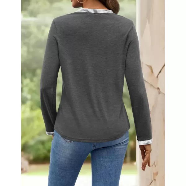 imageZESICA Long Sleeve Shirts for Women Striped Color Block Crewneck Tshirts 2024 Fall Pleated Trendy TopsDrakgrey