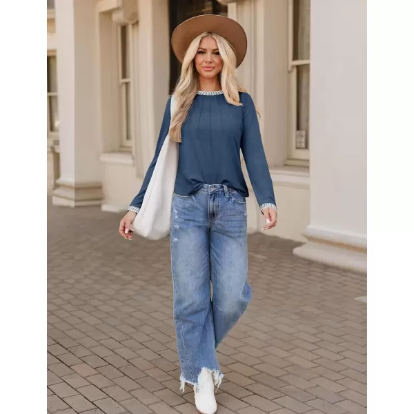 imageZESICA Long Sleeve Shirts for Women Striped Color Block Crewneck Tshirts 2024 Fall Pleated Trendy TopsDustyblue