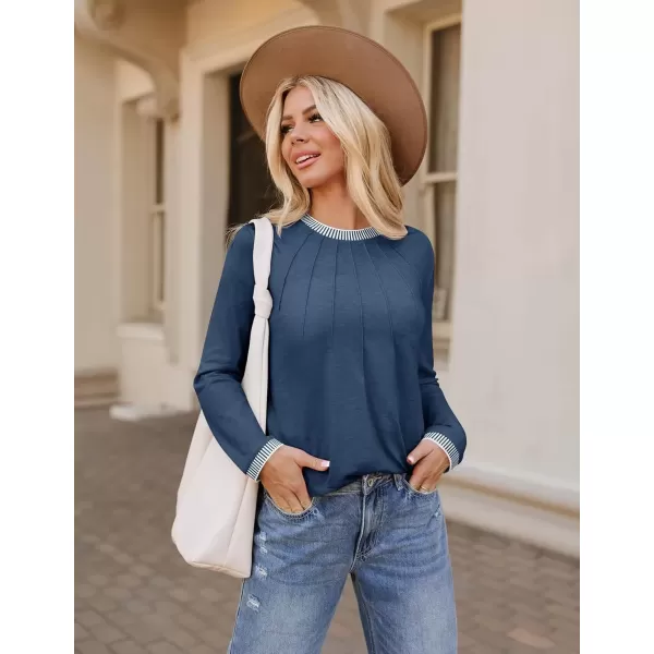imageZESICA Long Sleeve Shirts for Women Striped Color Block Crewneck Tshirts 2024 Fall Pleated Trendy TopsDustyblue