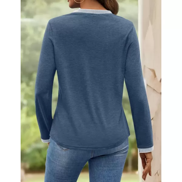 imageZESICA Long Sleeve Shirts for Women Striped Color Block Crewneck Tshirts 2024 Fall Pleated Trendy TopsDustyblue