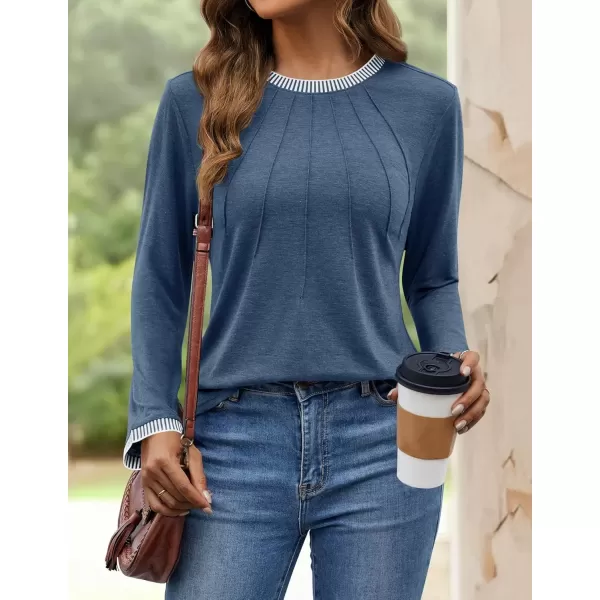 imageZESICA Long Sleeve Shirts for Women Striped Color Block Crewneck Tshirts 2024 Fall Pleated Trendy TopsDustyblue