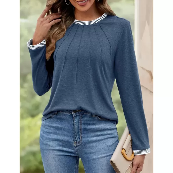 imageZESICA Long Sleeve Shirts for Women Striped Color Block Crewneck Tshirts 2024 Fall Pleated Trendy TopsDustyblue