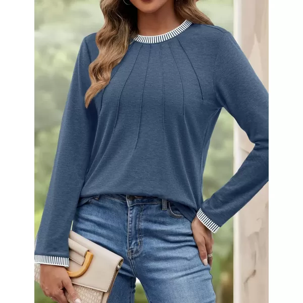 imageZESICA Long Sleeve Shirts for Women Striped Color Block Crewneck Tshirts 2024 Fall Pleated Trendy TopsDustyblue