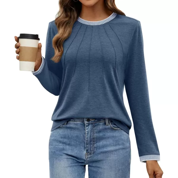 imageZESICA Long Sleeve Shirts for Women Striped Color Block Crewneck Tshirts 2024 Fall Pleated Trendy TopsDustyblue