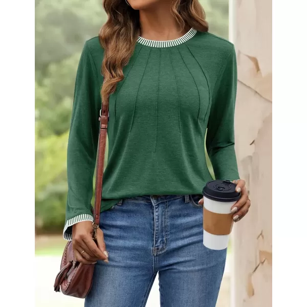 imageZESICA Long Sleeve Shirts for Women Striped Color Block Crewneck Tshirts 2024 Fall Pleated Trendy TopsGreen