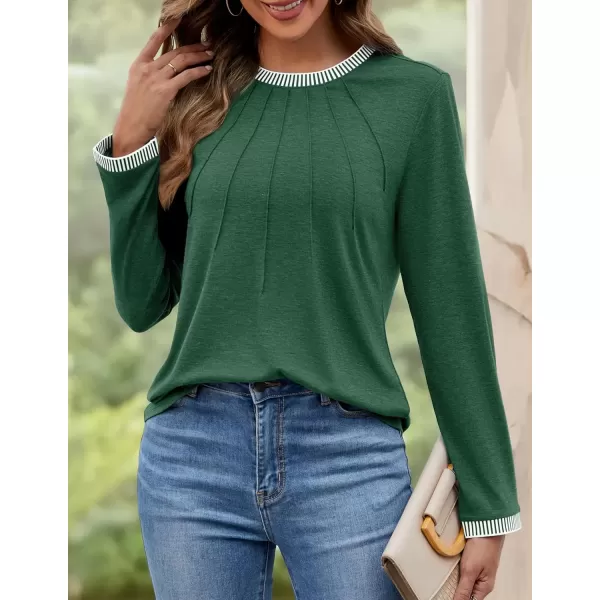 imageZESICA Long Sleeve Shirts for Women Striped Color Block Crewneck Tshirts 2024 Fall Pleated Trendy TopsGreen