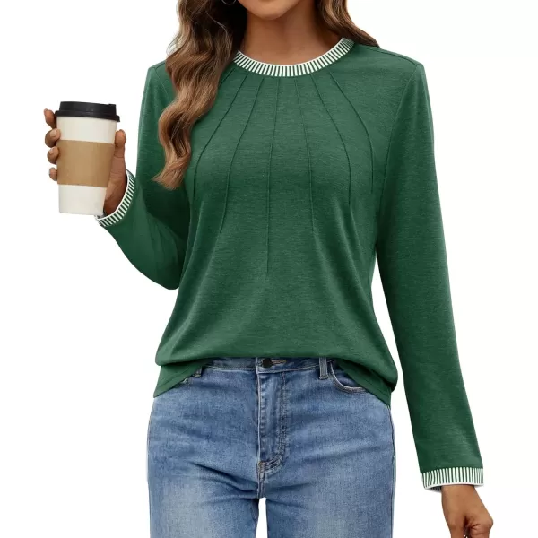 imageZESICA Long Sleeve Shirts for Women Striped Color Block Crewneck Tshirts 2024 Fall Pleated Trendy TopsGreen
