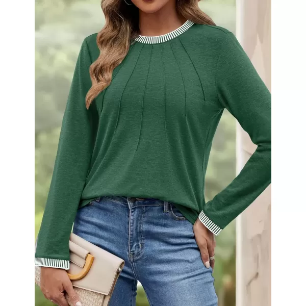 imageZESICA Long Sleeve Shirts for Women Striped Color Block Crewneck Tshirts 2024 Fall Pleated Trendy TopsGreen