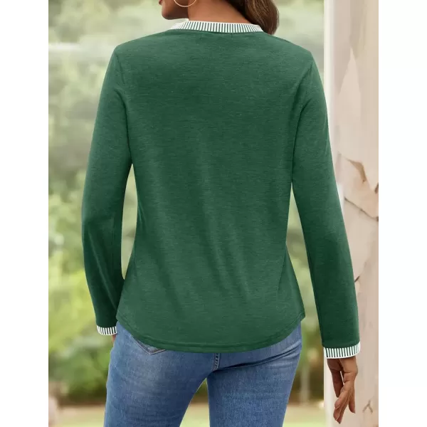 imageZESICA Long Sleeve Shirts for Women Striped Color Block Crewneck Tshirts 2024 Fall Pleated Trendy TopsGreen