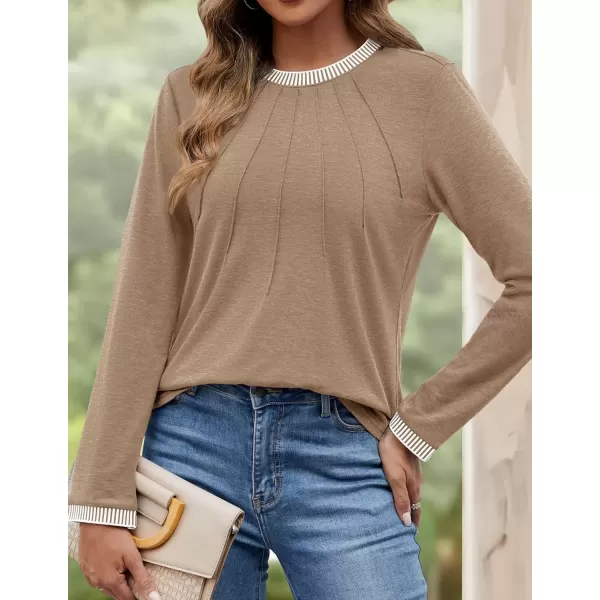 imageZESICA Long Sleeve Shirts for Women Striped Color Block Crewneck Tshirts 2024 Fall Pleated Trendy TopsKhaki
