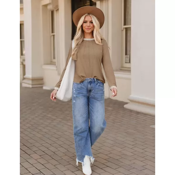imageZESICA Long Sleeve Shirts for Women Striped Color Block Crewneck Tshirts 2024 Fall Pleated Trendy TopsKhaki