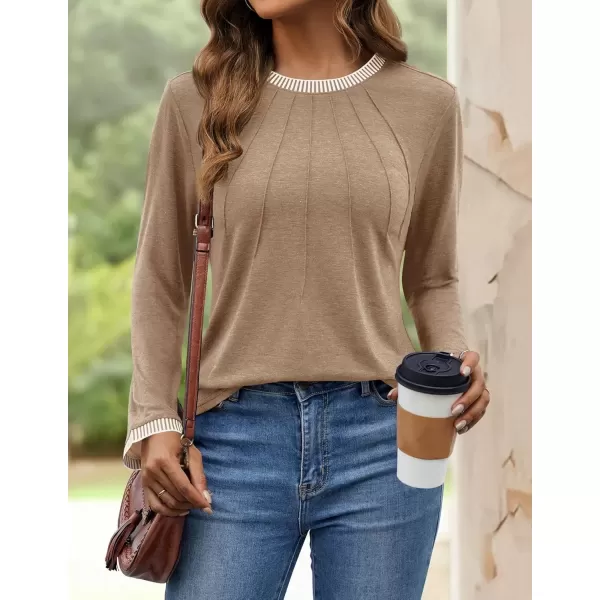 imageZESICA Long Sleeve Shirts for Women Striped Color Block Crewneck Tshirts 2024 Fall Pleated Trendy TopsKhaki