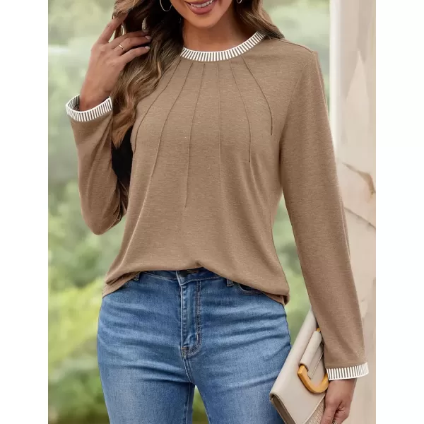 imageZESICA Long Sleeve Shirts for Women Striped Color Block Crewneck Tshirts 2024 Fall Pleated Trendy TopsKhaki