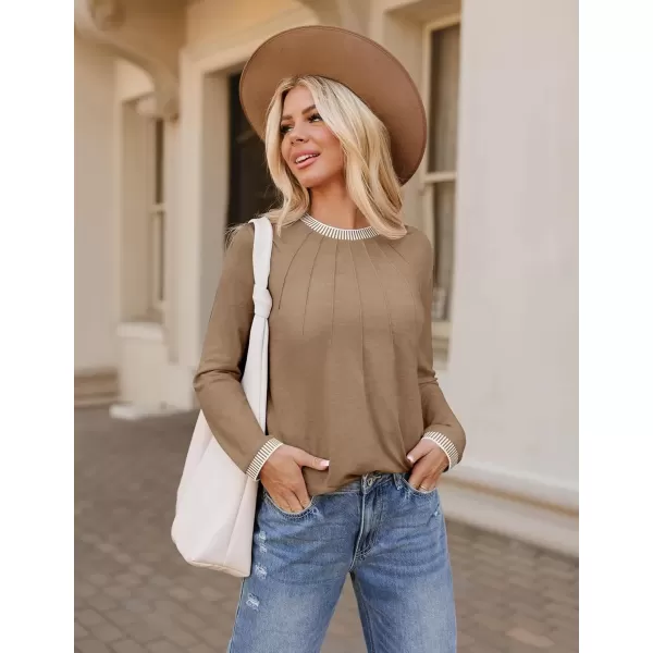 imageZESICA Long Sleeve Shirts for Women Striped Color Block Crewneck Tshirts 2024 Fall Pleated Trendy TopsKhaki