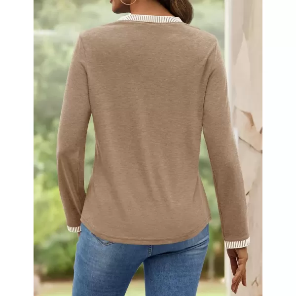 imageZESICA Long Sleeve Shirts for Women Striped Color Block Crewneck Tshirts 2024 Fall Pleated Trendy TopsKhaki