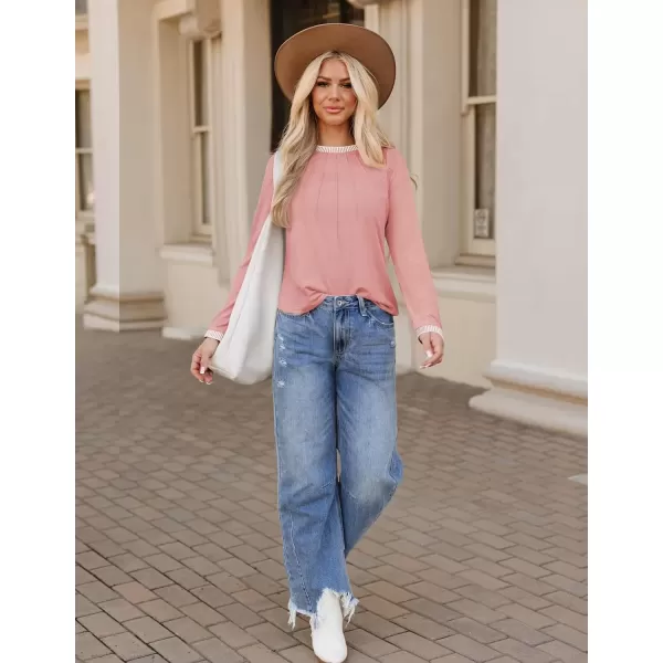 imageZESICA Long Sleeve Shirts for Women Striped Color Block Crewneck Tshirts 2024 Fall Pleated Trendy TopsLightpink
