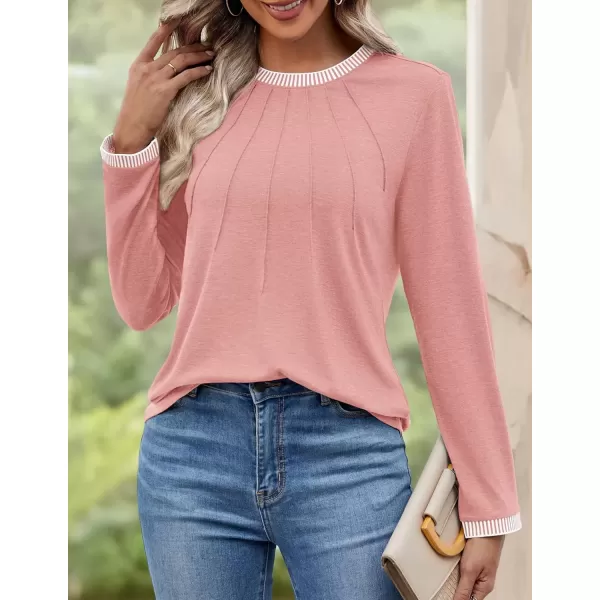 imageZESICA Long Sleeve Shirts for Women Striped Color Block Crewneck Tshirts 2024 Fall Pleated Trendy TopsLightpink