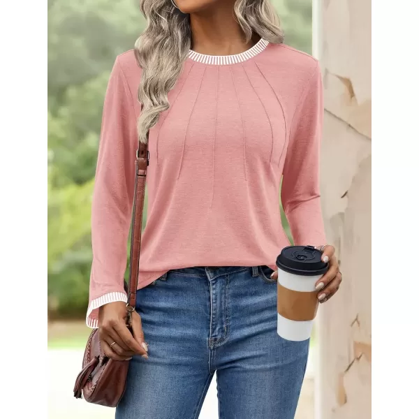 imageZESICA Long Sleeve Shirts for Women Striped Color Block Crewneck Tshirts 2024 Fall Pleated Trendy TopsLightpink