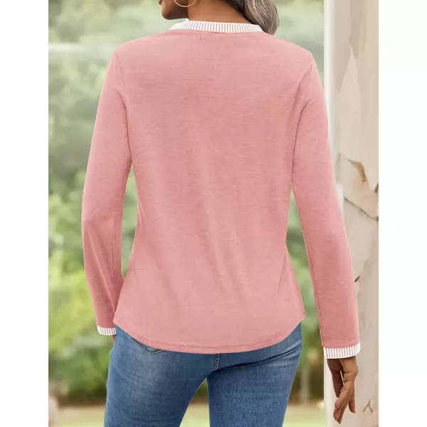 imageZESICA Long Sleeve Shirts for Women Striped Color Block Crewneck Tshirts 2024 Fall Pleated Trendy TopsLightpink