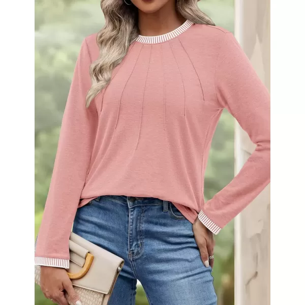 imageZESICA Long Sleeve Shirts for Women Striped Color Block Crewneck Tshirts 2024 Fall Pleated Trendy TopsLightpink