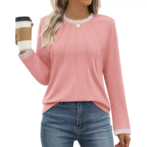 imageZESICA Long Sleeve Shirts for Women Striped Color Block Crewneck Tshirts 2024 Fall Pleated Trendy TopsLightpink