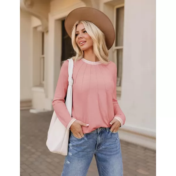 imageZESICA Long Sleeve Shirts for Women Striped Color Block Crewneck Tshirts 2024 Fall Pleated Trendy TopsLightpink