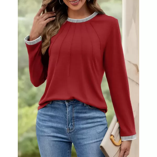 imageZESICA Long Sleeve Shirts for Women Striped Color Block Crewneck Tshirts 2024 Fall Pleated Trendy TopsRed