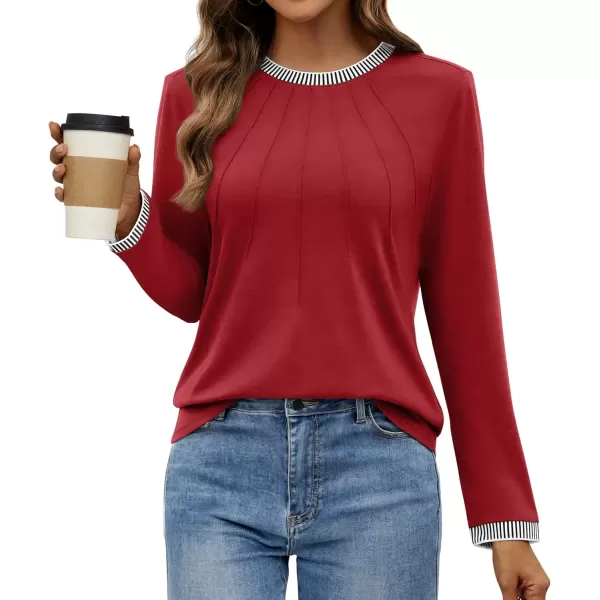 imageZESICA Long Sleeve Shirts for Women Striped Color Block Crewneck Tshirts 2024 Fall Pleated Trendy TopsRed