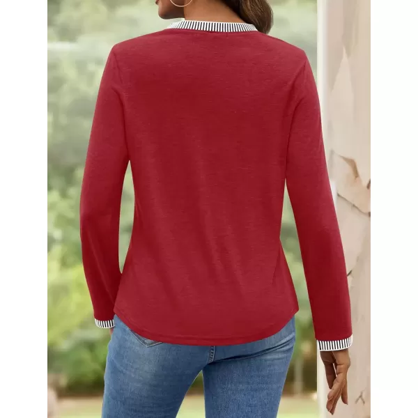imageZESICA Long Sleeve Shirts for Women Striped Color Block Crewneck Tshirts 2024 Fall Pleated Trendy TopsRed