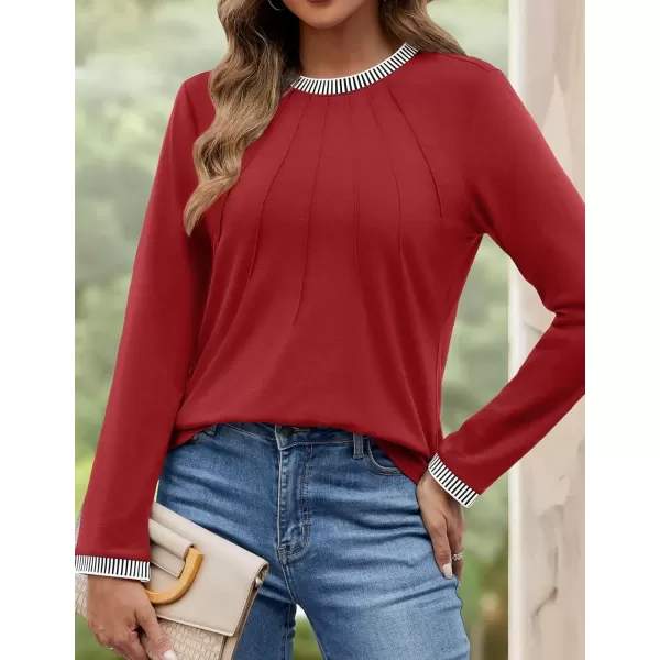 imageZESICA Long Sleeve Shirts for Women Striped Color Block Crewneck Tshirts 2024 Fall Pleated Trendy TopsRed