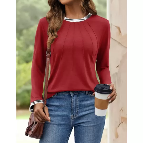 imageZESICA Long Sleeve Shirts for Women Striped Color Block Crewneck Tshirts 2024 Fall Pleated Trendy TopsRed