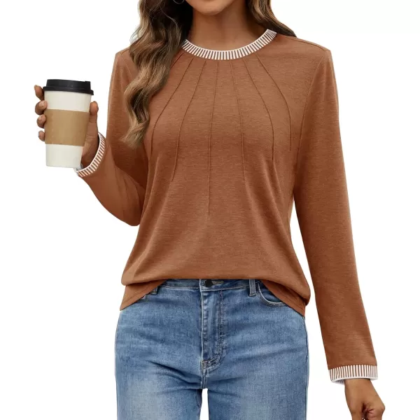 imageZESICA Long Sleeve Shirts for Women Striped Color Block Crewneck Tshirts 2024 Fall Pleated Trendy TopsRedbrown