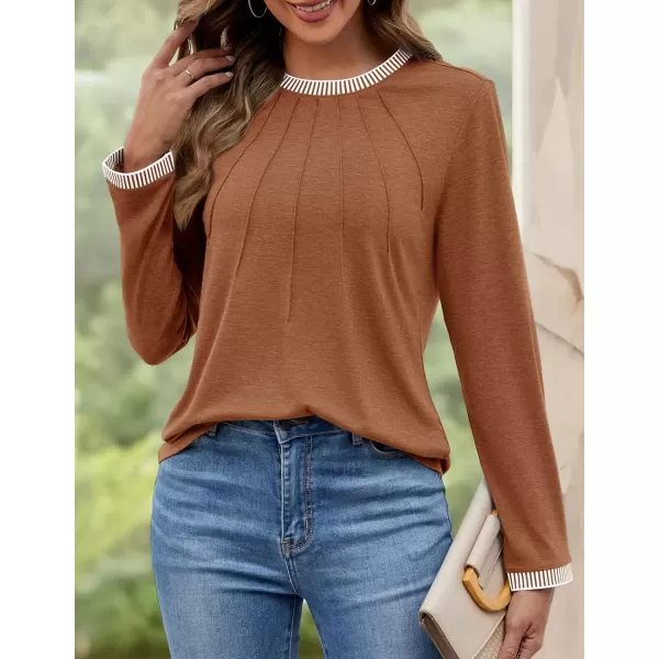imageZESICA Long Sleeve Shirts for Women Striped Color Block Crewneck Tshirts 2024 Fall Pleated Trendy TopsRedbrown