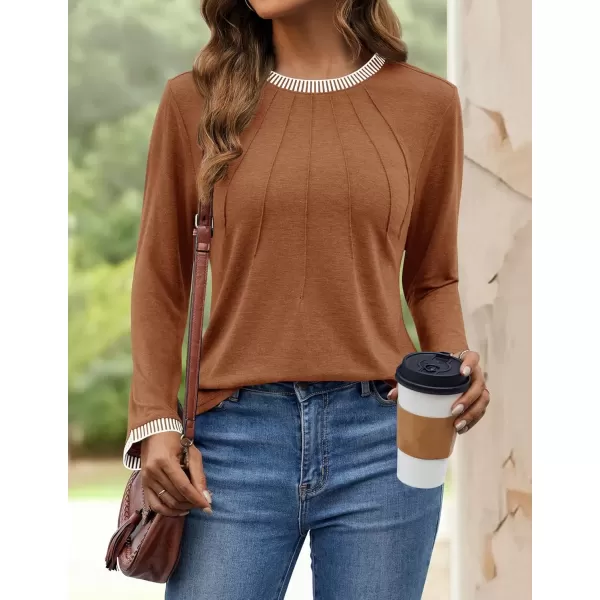 imageZESICA Long Sleeve Shirts for Women Striped Color Block Crewneck Tshirts 2024 Fall Pleated Trendy TopsRedbrown
