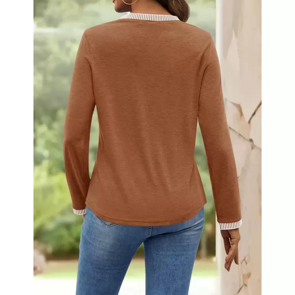imageZESICA Long Sleeve Shirts for Women Striped Color Block Crewneck Tshirts 2024 Fall Pleated Trendy TopsRedbrown