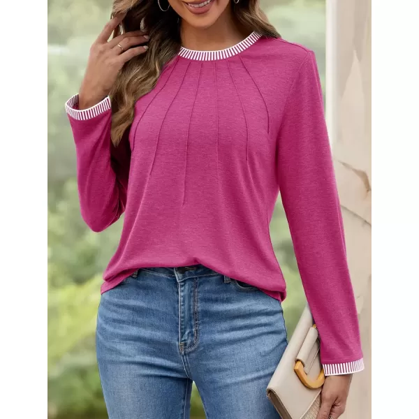 imageZESICA Long Sleeve Shirts for Women Striped Color Block Crewneck Tshirts 2024 Fall Pleated Trendy TopsRosered