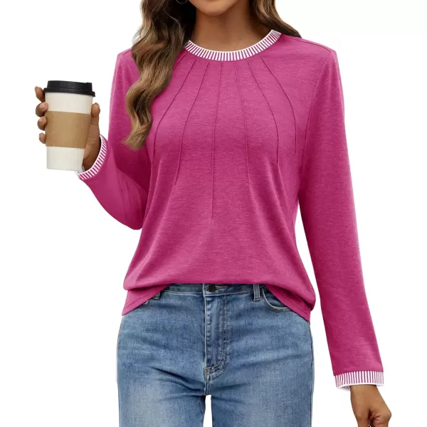 imageZESICA Long Sleeve Shirts for Women Striped Color Block Crewneck Tshirts 2024 Fall Pleated Trendy TopsRosered