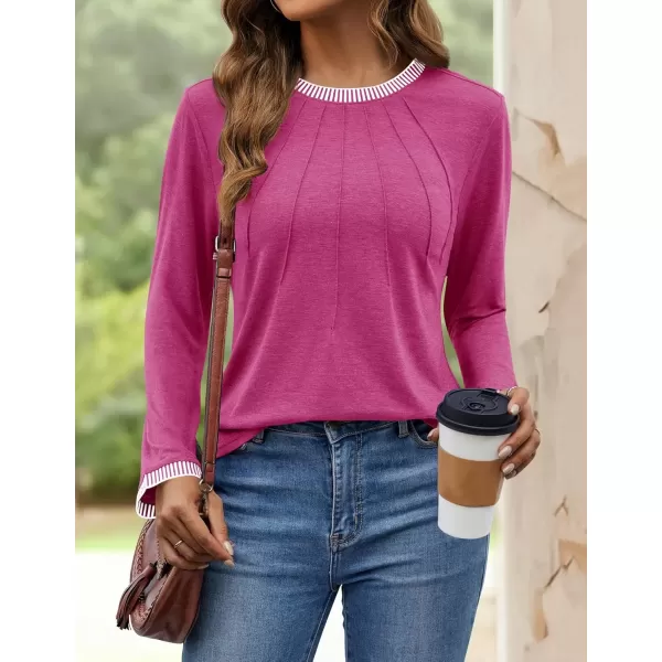 imageZESICA Long Sleeve Shirts for Women Striped Color Block Crewneck Tshirts 2024 Fall Pleated Trendy TopsRosered