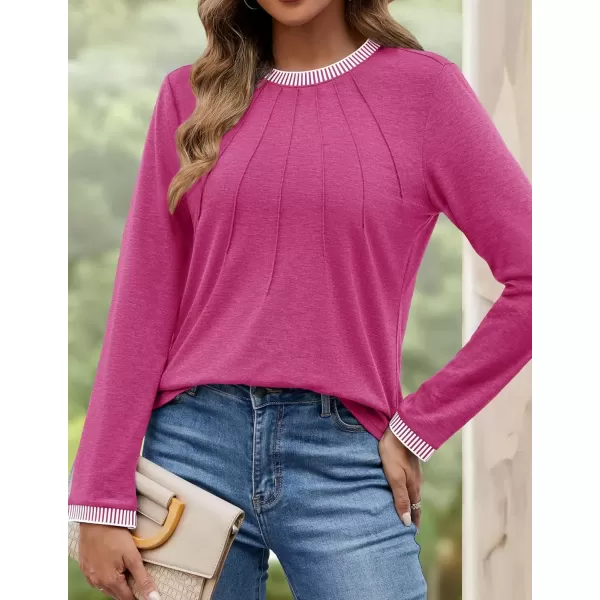 imageZESICA Long Sleeve Shirts for Women Striped Color Block Crewneck Tshirts 2024 Fall Pleated Trendy TopsRosered